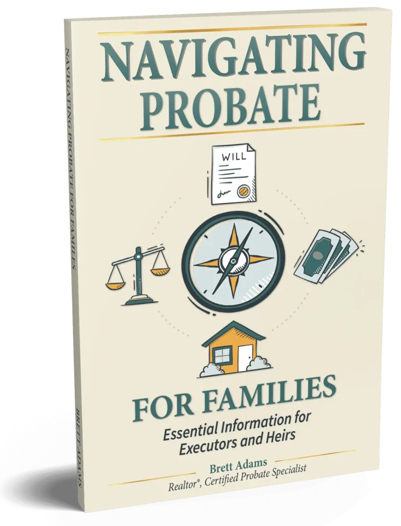 Navigating Probate for Families book cover showing icons of a compass, will, scales of justice, money, and a house, offering guidance for families on what to do with an inherited home, written by a Certified Probate Specialist Realtor.